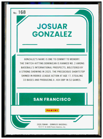 2026 Donruss Josuar Gonzalez Card Liberty San Francisco Giants #168