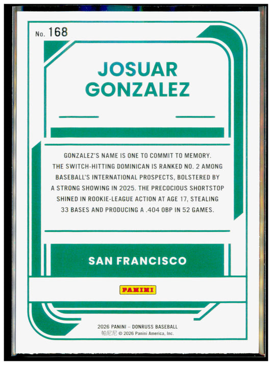 2026 Donruss Josuar Gonzalez Card Liberty San Francisco Giants #168