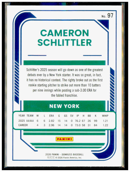 2026 Donruss Cameron Schlittler Card Liberty RC New York Yankees #97