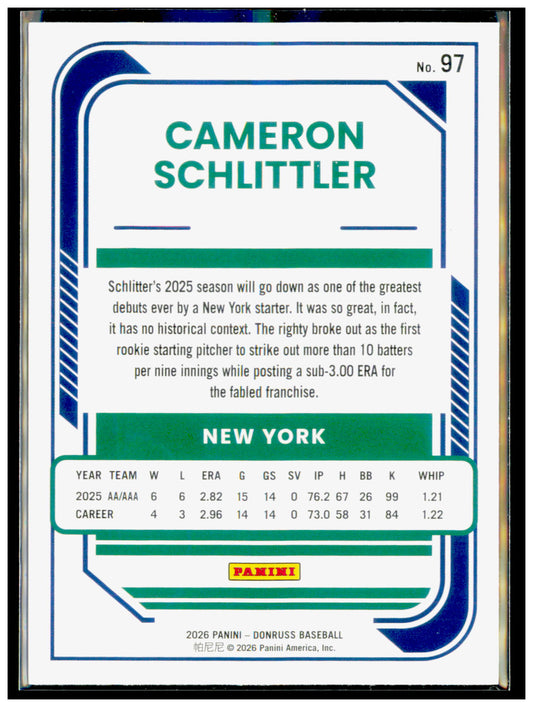 2026 Donruss Cameron Schlittler Card Liberty RC New York Yankees #97