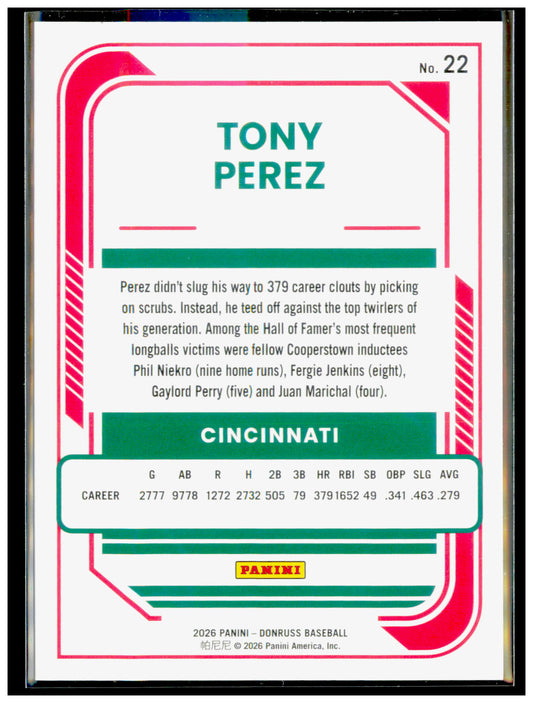 2026 Donruss Tony Perez Card Red and Blue Cincinnati Reds #22