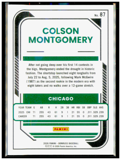 2026 Donruss Colson Montgomery Card Optic RC Chicago White Sox #87