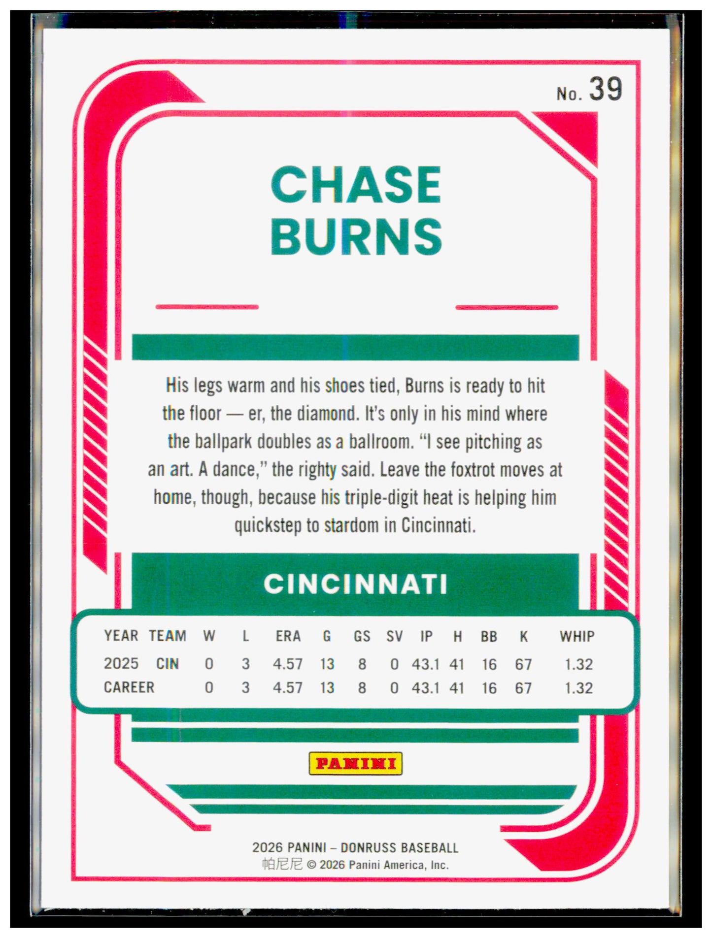 2026 Donruss Chase Burns Card Liberty RC Cincinnati Reds #39