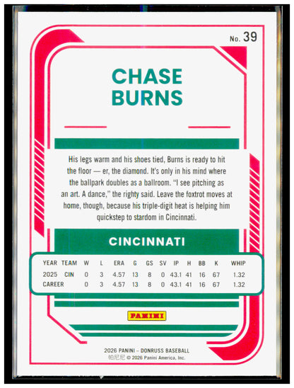 2026 Donruss Chase Burns Card Liberty RC Cincinnati Reds #39