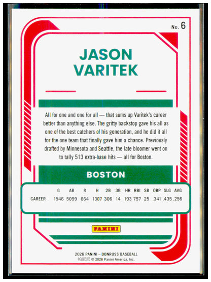 2026 Donruss Jason Varitek Card Liberty Boston Red Sox #6