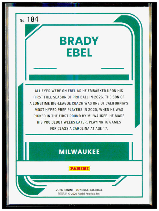 2026 Donruss Brady Ebel Card Liberty Milwaukee Brewers #184
