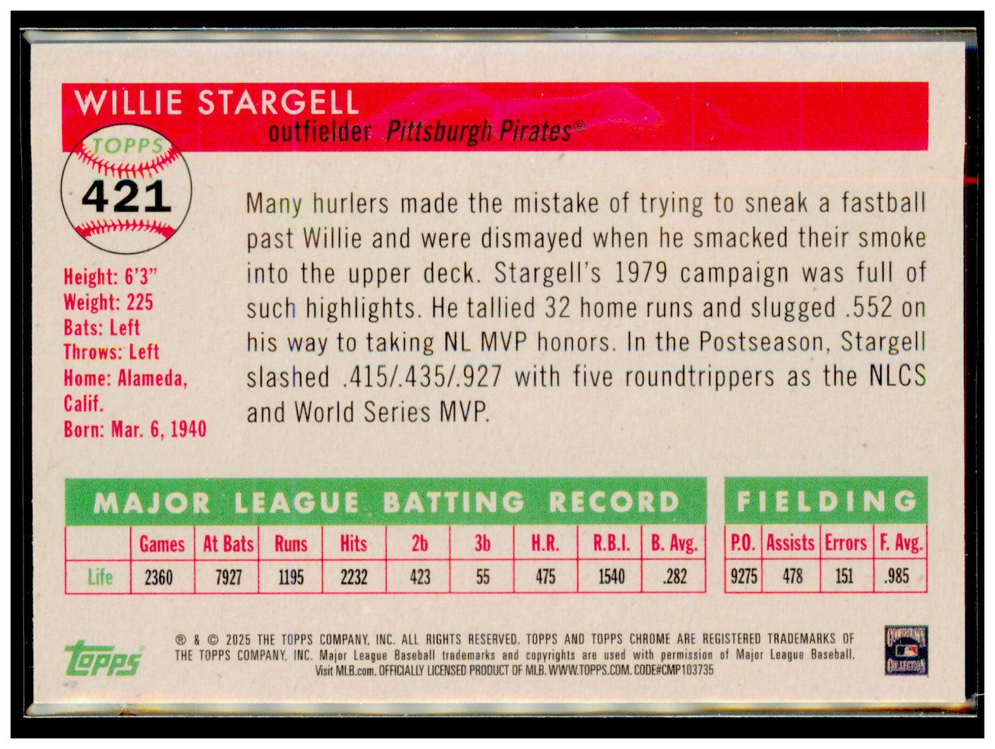 2025 Topps Chrome Platinum Willie Stargell Card Pittsburgh Pirates #421