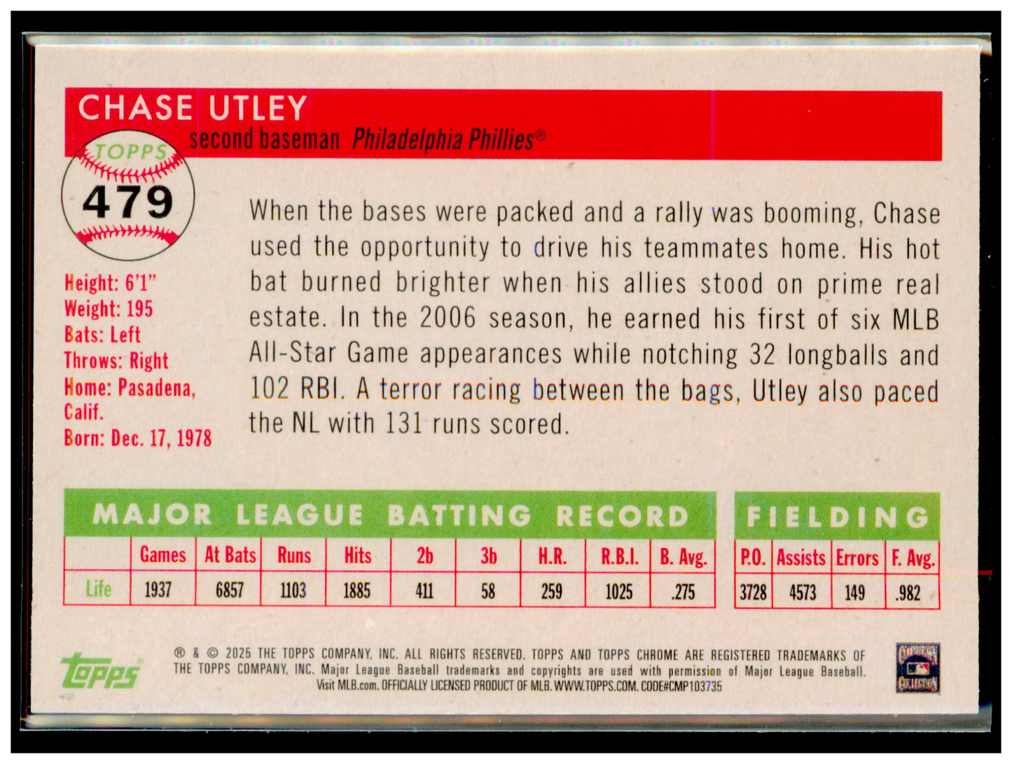 2025 Topps Chrome Platinum Chase Utley Card Philadelphia Phillies #479