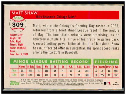 2025 Topps Chrome Platinum Matt Shaw Card RC Chicago Cubs #309