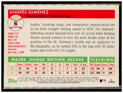 2025 Topps Chrome Platinum Andrés Giménez Card Toronto Blue Jays #6