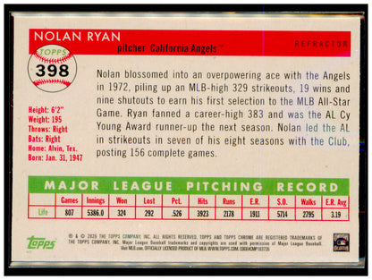 2025 Topps Chrome Platinum Nolan Ryan Card Refractors California Angels #398