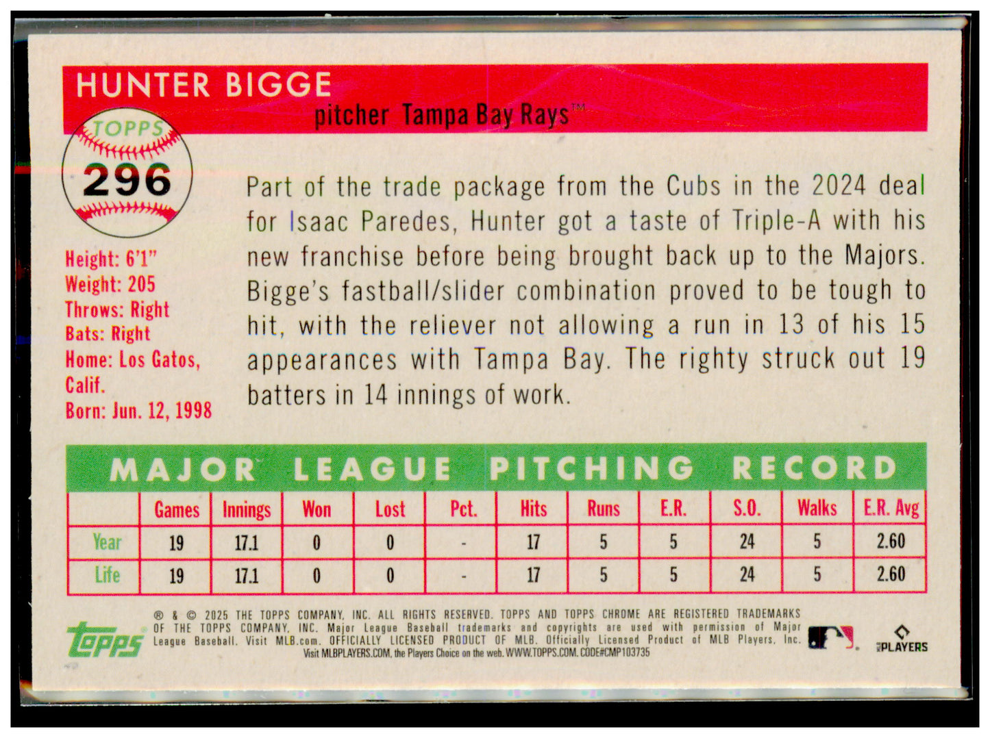 2025 Topps Chrome Platinum Hunter Bigge Card RC Tampa Bay Rays #296
