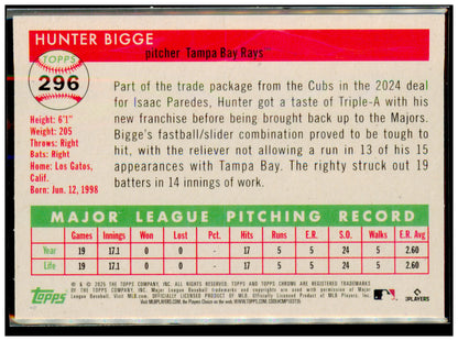2025 Topps Chrome Platinum Hunter Bigge Card RC Tampa Bay Rays #296