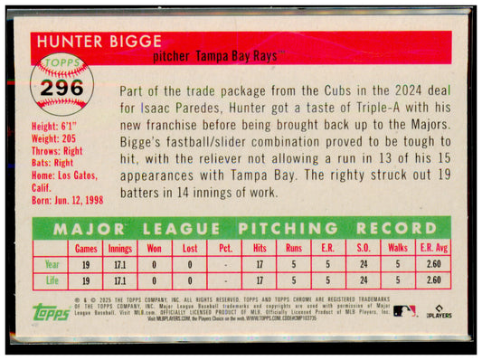 2025 Topps Chrome Platinum Hunter Bigge Card RC Tampa Bay Rays #296