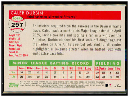 2025 Topps Chrome Platinum Caleb Durbin Card RC Milwaukee Brewers #297