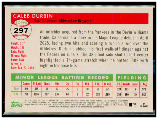 2025 Topps Chrome Platinum Caleb Durbin Card RC Milwaukee Brewers #297
