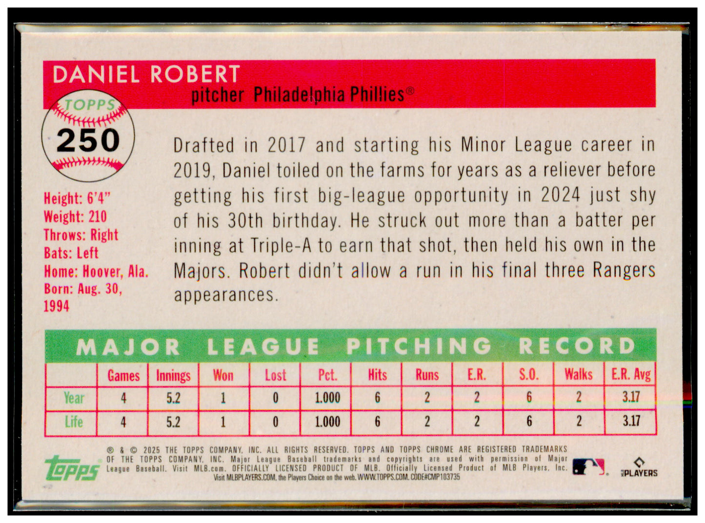 2025 Topps Chrome Platinum Daniel Robert Card RC Philadelphia Phillies #250