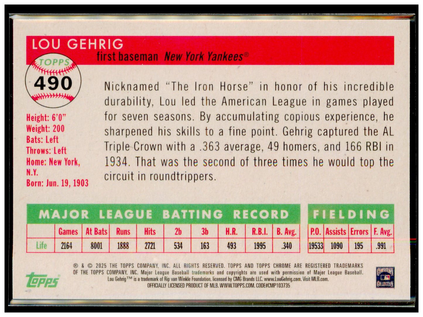 2025 Topps Chrome Platinum Lou Gehrig Card New York Yankees #490