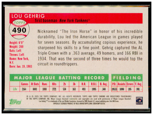 2025 Topps Chrome Platinum Lou Gehrig Card New York Yankees #490