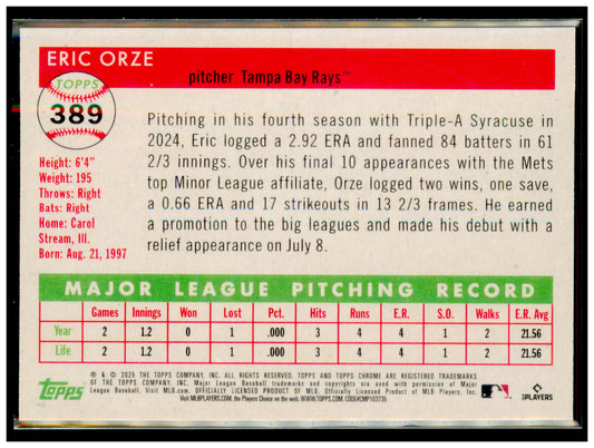 2025 Topps Chrome Platinum Eric Orze Card RC Tampa Bay Rays #389