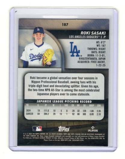 2025 Stadium Club Roki Sasaki Card RC Los Angeles Dodgers #187