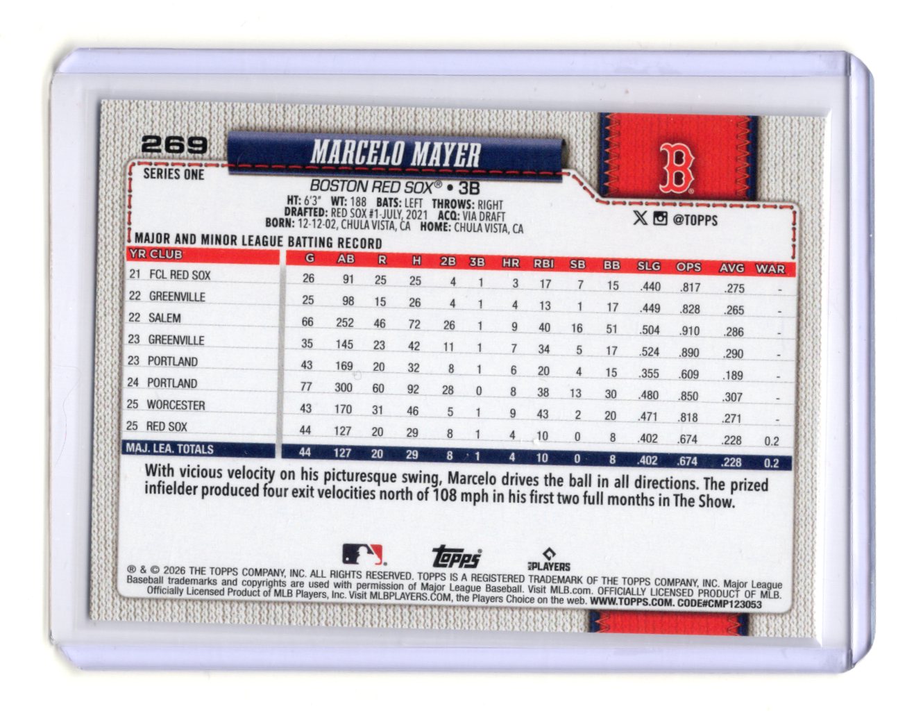 2026 Topps Marcelo Mayer Card Boston Red Sox #269