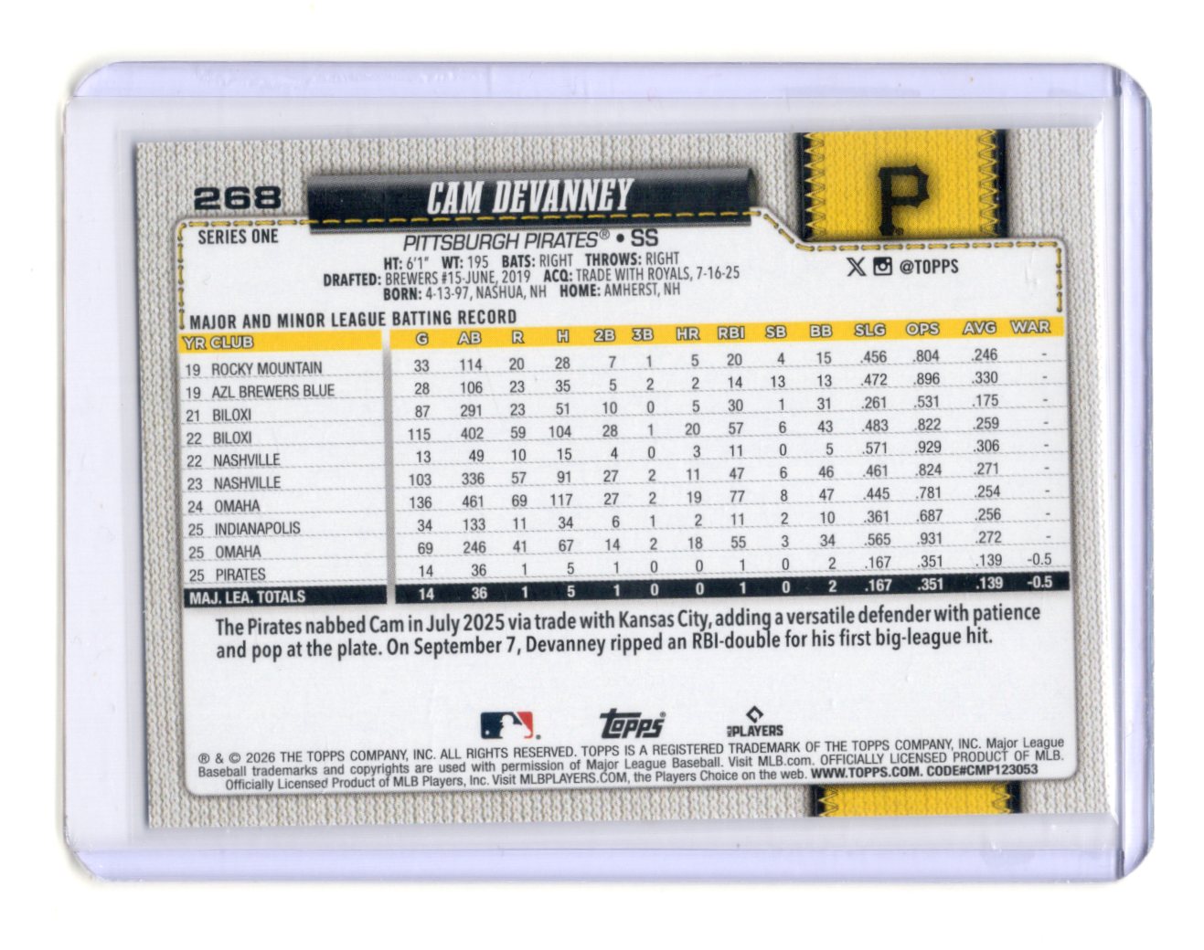 2026 Topps Cam Devanney Card RC Pittsburgh Pirates #268