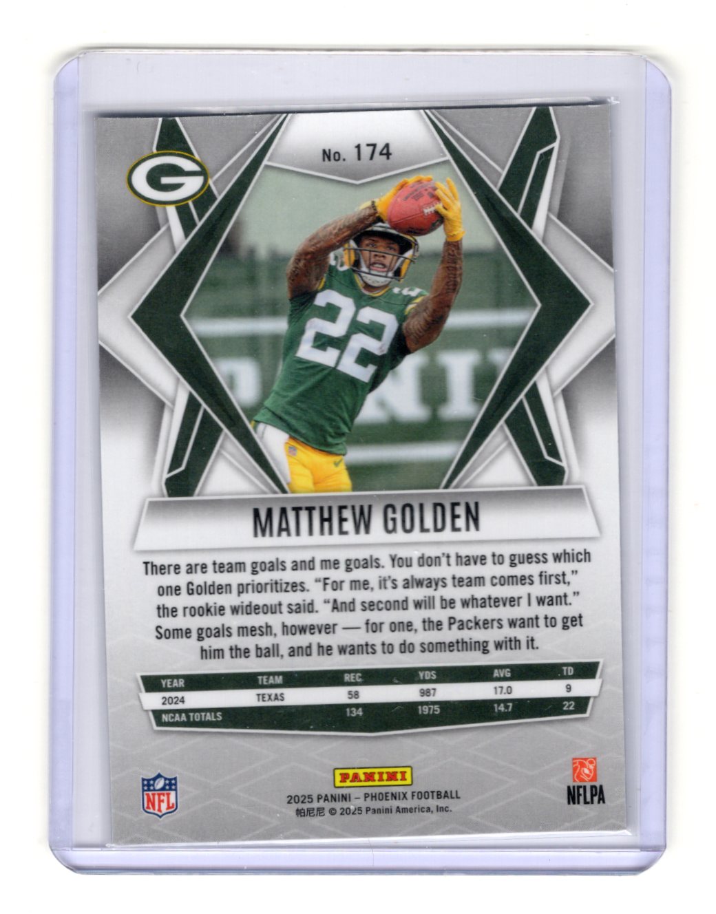 2025 Panini Phoenix Matthew Golden Card Silver Hyper Prizm RC Packers #174