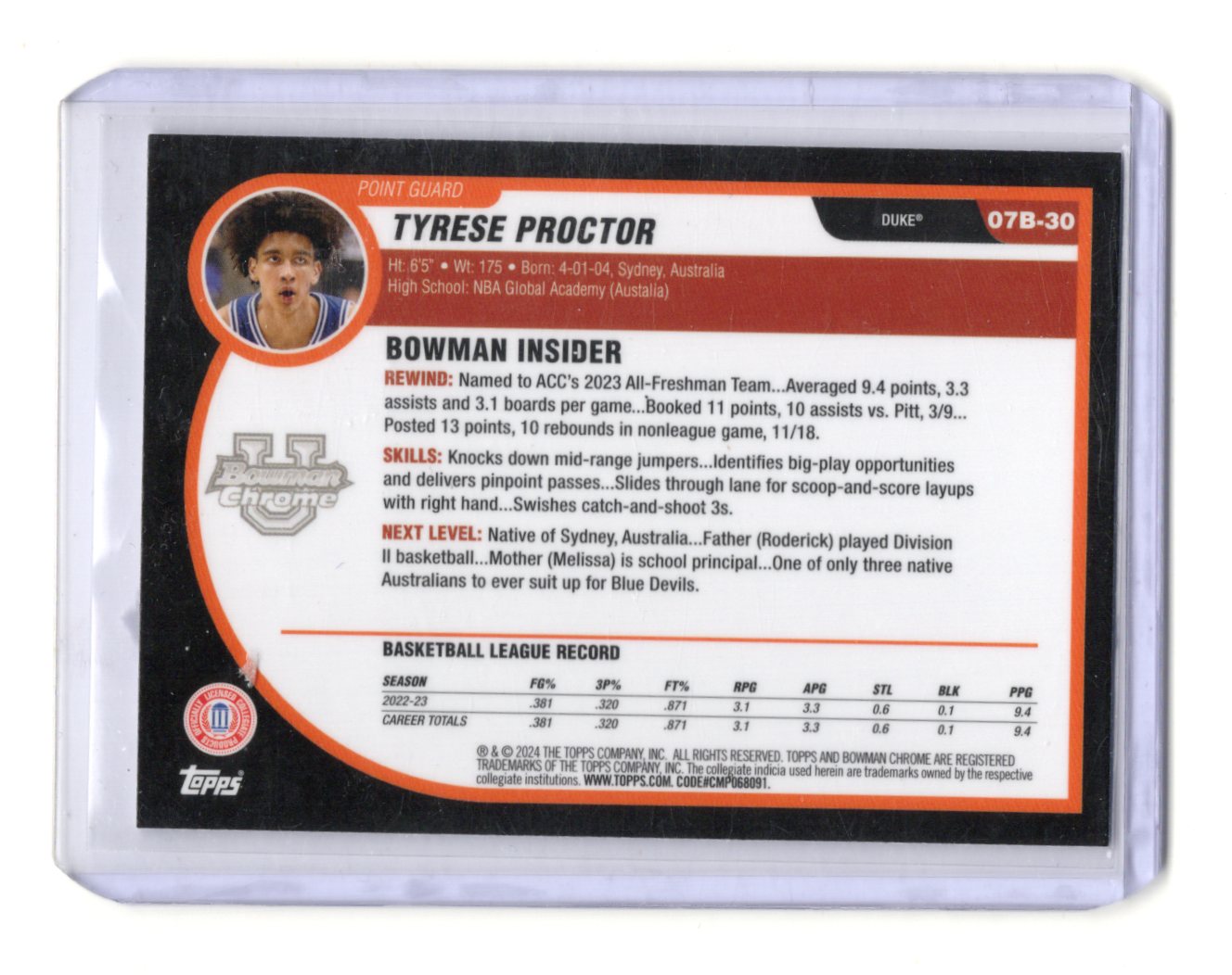 2023-24 Bowman University Chrome Tyrese Proctor Card 2007-08 Bowman Duke