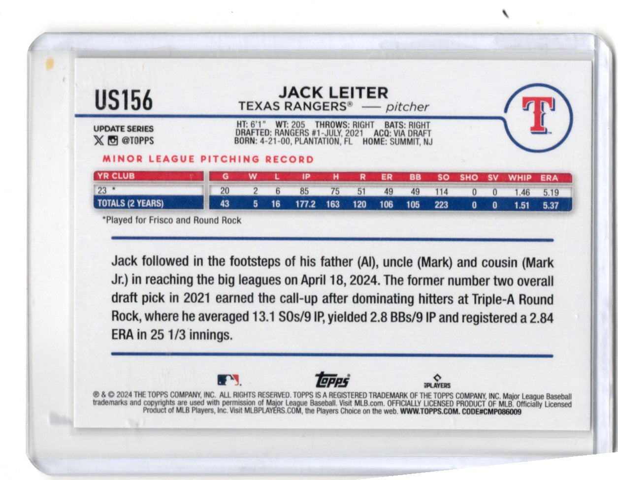 2024 Topps Update Jack Leiter Card RC Texas Rangers #US156