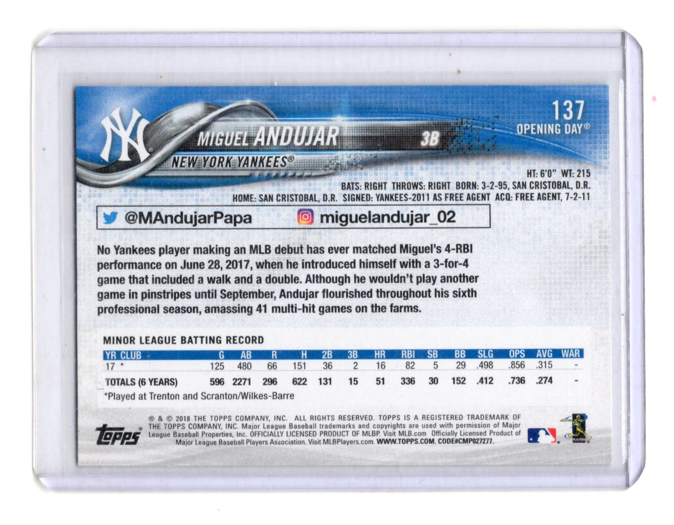 2018 Topps Opening Day Miguel Andujar Card RC New York Yankees #137