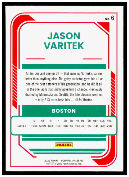 2026 Donruss Jason Varitek Card Boston Red Sox #6