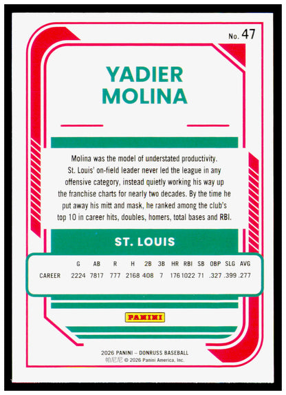 2026 Donruss Yadier Molina Card St. Louis Cardinals #47