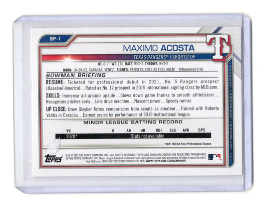 2021 Bowman Maximo Acosta Card Prospects Texas Rangers #BP-7