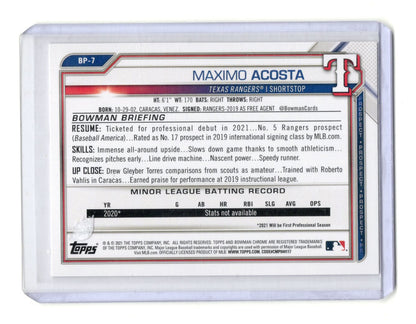 2021 Bowman Maximo Acosta Card Prospects Texas Rangers #BP-7