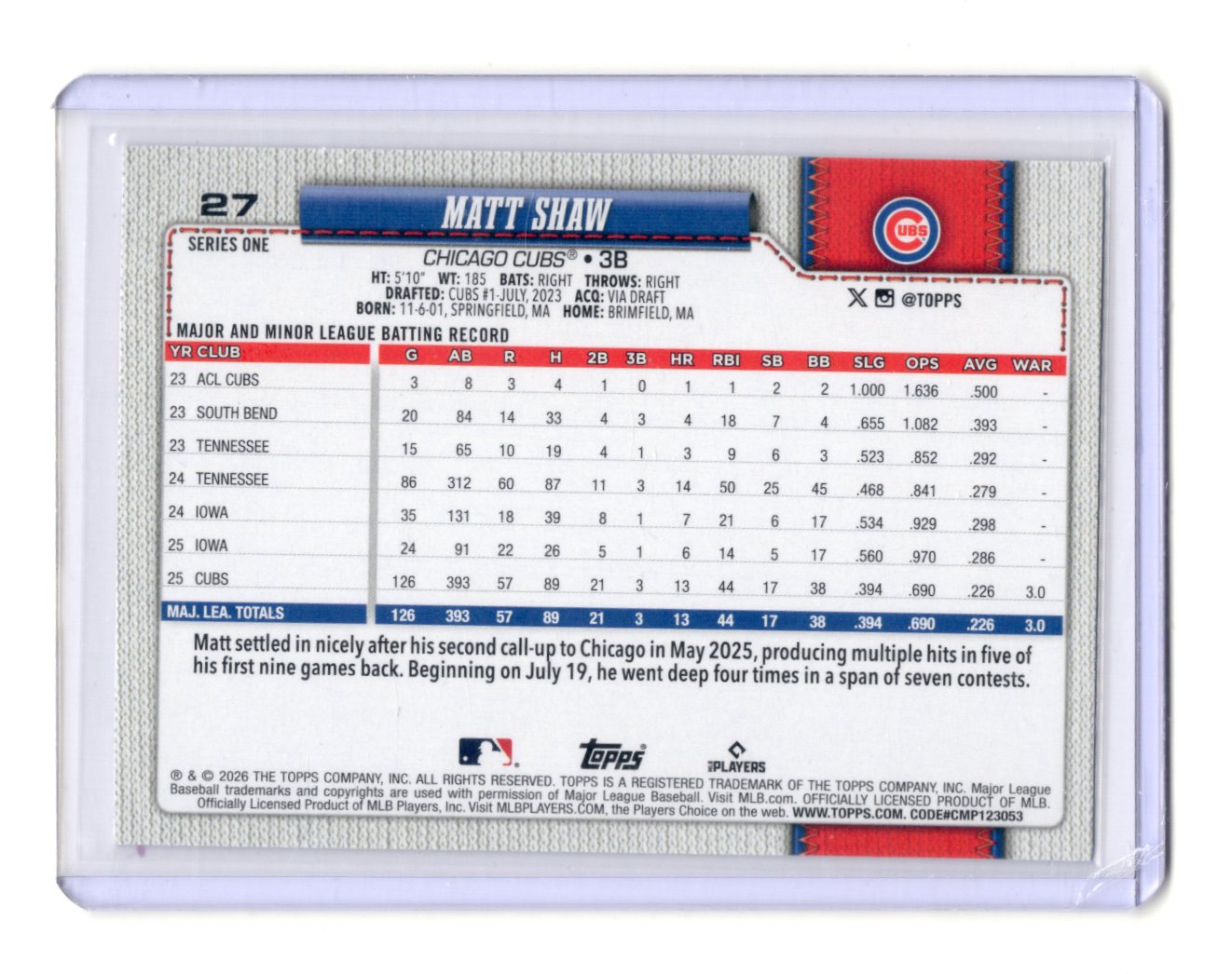 2026 Topps Matt Shaw Card Silver Crackle Foil Chicago Cubs #27