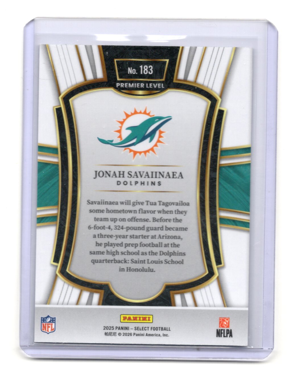 2025 Panini Select Jonah Savaiinaea Card RC Miami Dolphins #183