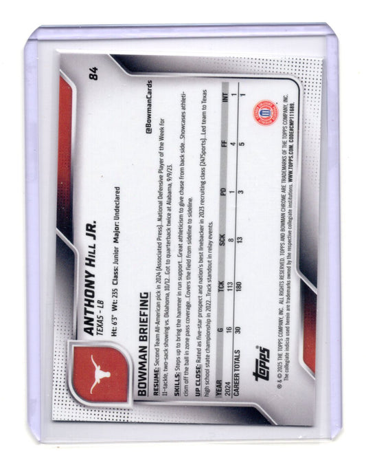2025 Bowman University Chrome Anthony Hill Jr. Card Pink Lava Refractor Texas
