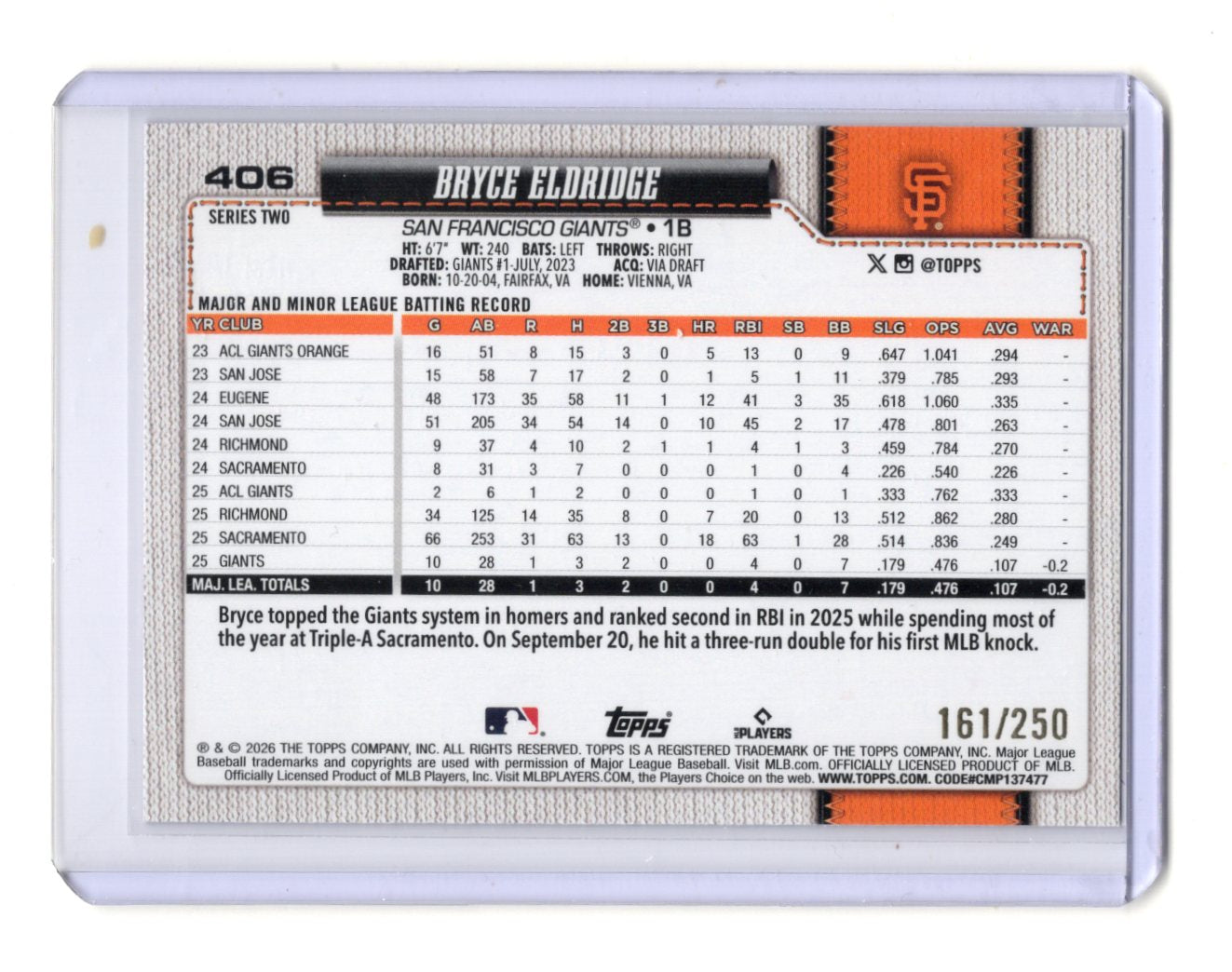 2026 Topps Series 2 Bryce Eldridge RC Purple Parallel /250 #406 Giants Rookie