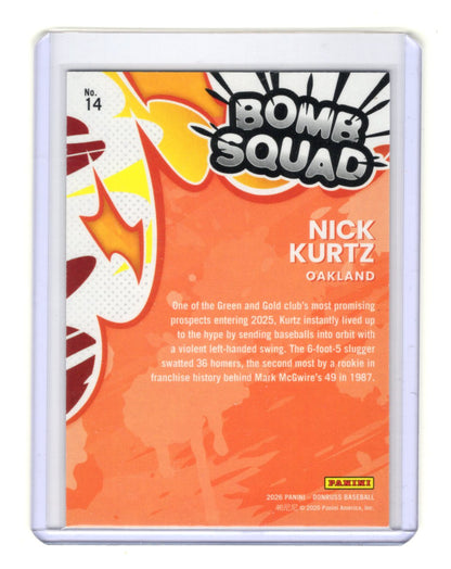 2026 Donruss Nick Kurtz Card Bomb Squad Purple Ice SN Athletics #/99