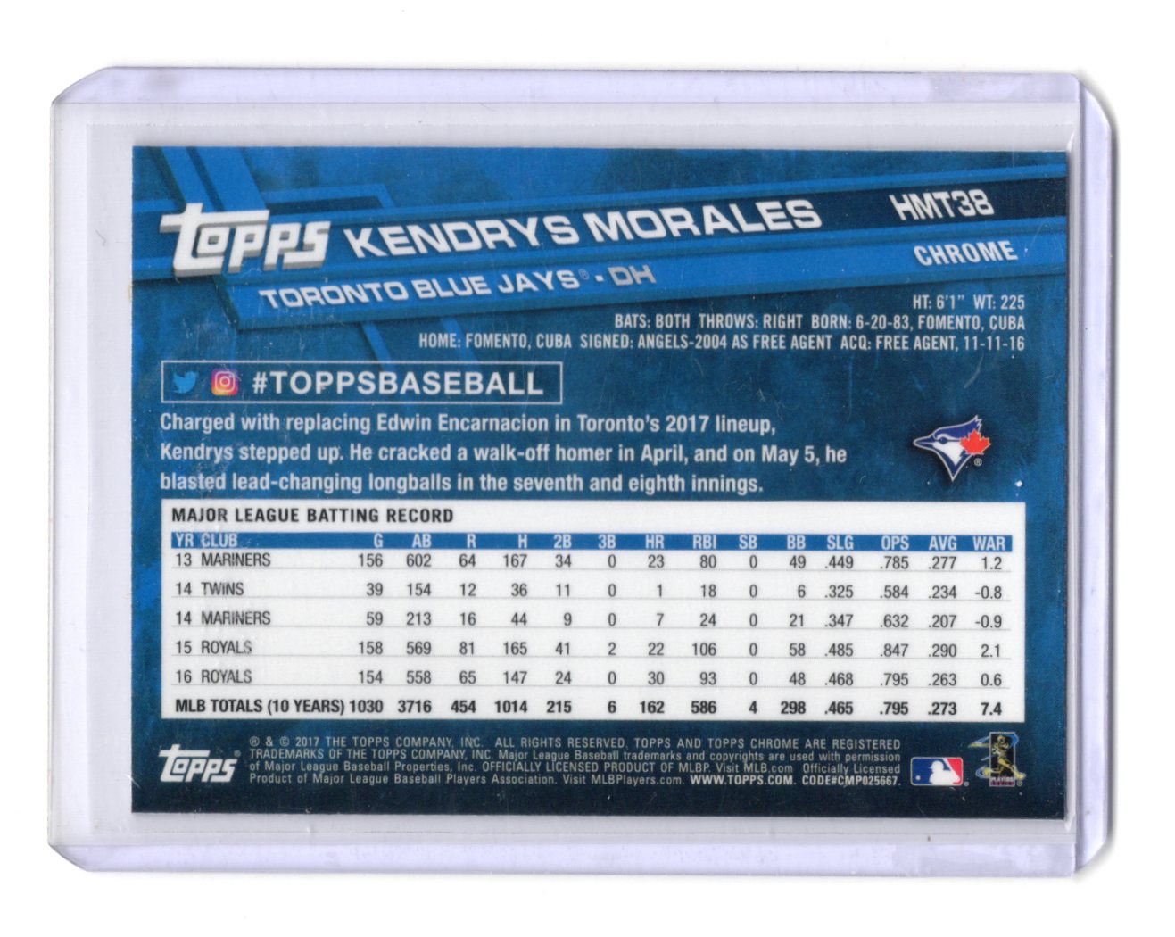 2017 Topps Chrome Update Kendrys Morales Card Toronto Blue Jays #HMT38