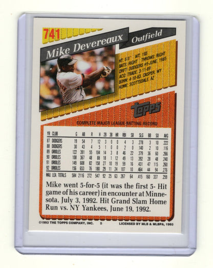 1993 Topps Mike Devereaux Card Baltimore Orioles #741