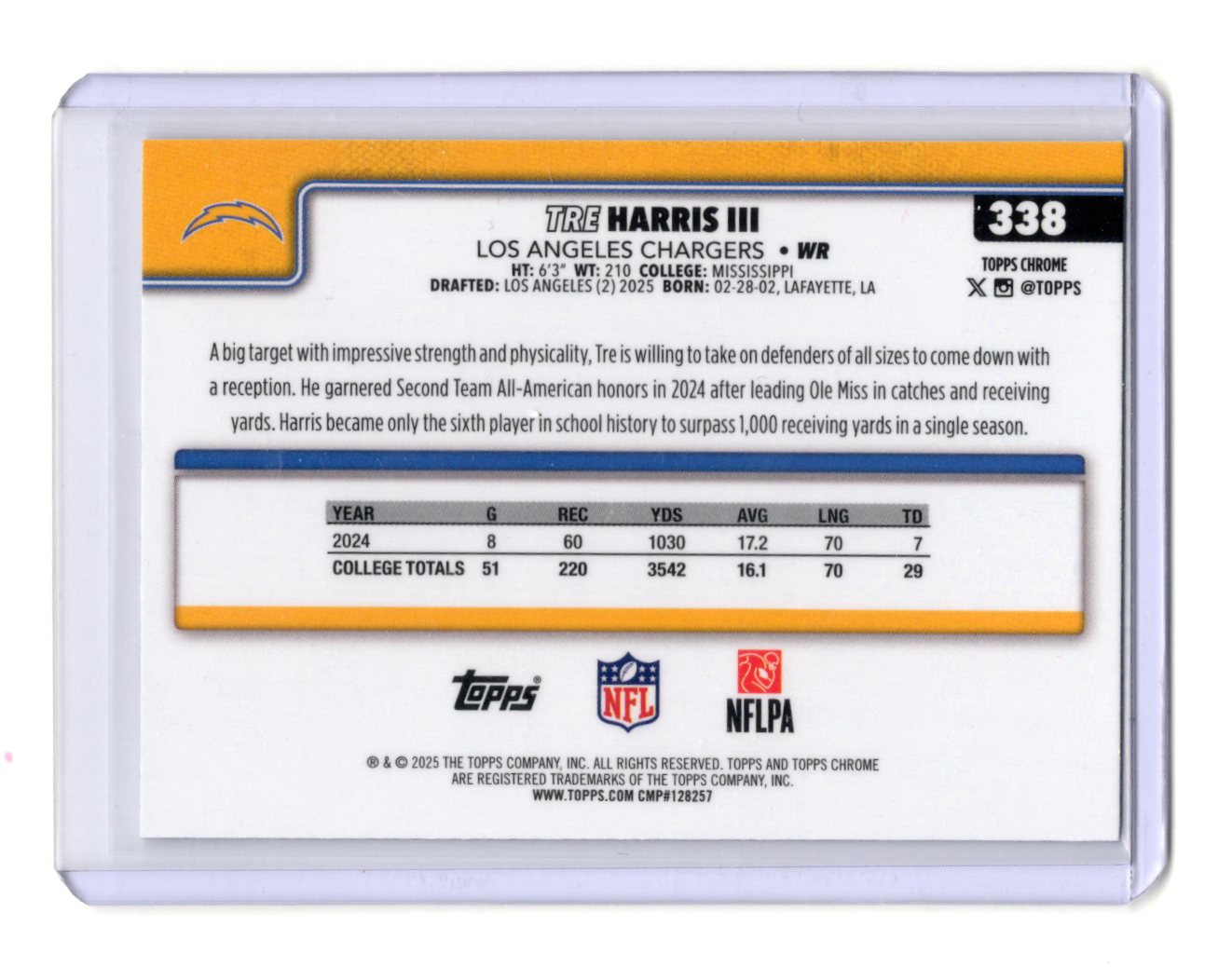 2025 Topps Chrome Tre Harris III Card Rookie Los Angeles Chargers #338