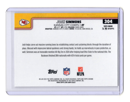 2025 Topps Chrome Josh Simmons Card Ray Wave Refractor Rookie  Chiefs #304