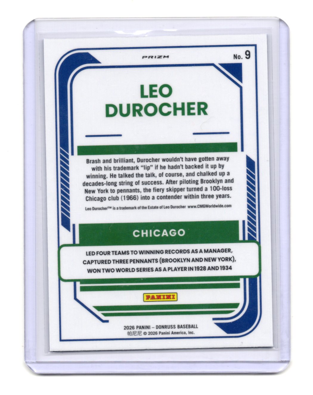 2026 Donruss Leo Durocher Card Optic Blue Velocity Chicago Cubs #9