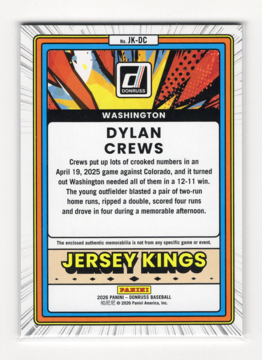 2026 Donruss Dylan Crews #JK-DC Jersey Kings Blue Cracked Ice Relic Nationals
