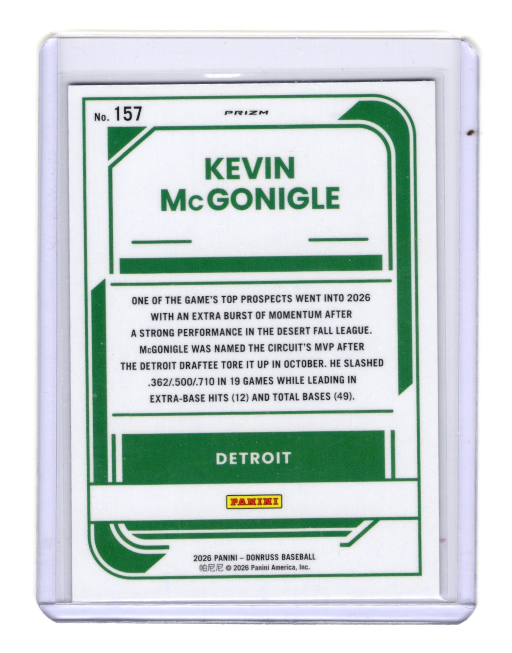 2026 Donruss Kevin McGonigle Card Optic Blue Velocity Detroit Tigers #157