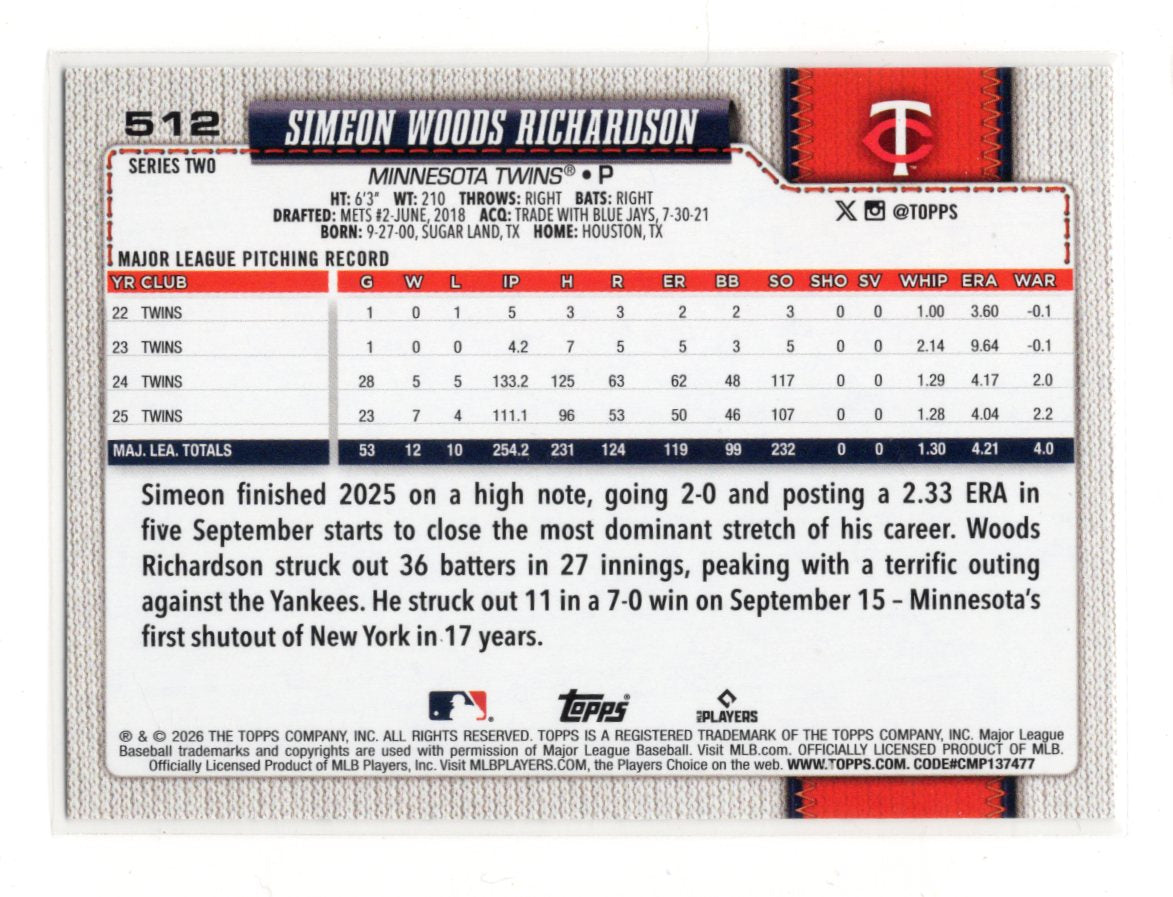 2026 Topps Series 2 Simeon Woods Richardson #512 Twins All-Star Logo Parallel