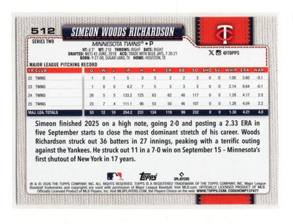 2026 Topps Series 2 Simeon Woods Richardson #512 Twins All-Star Logo Parallel
