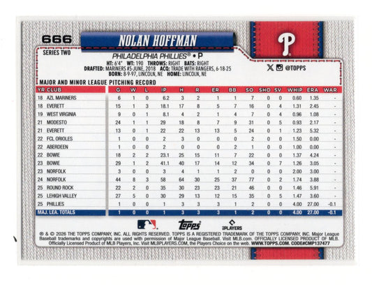 2026 Topps Nolan Hoffman Card Topps Foil Rainbow Philadelphia Phillies #666